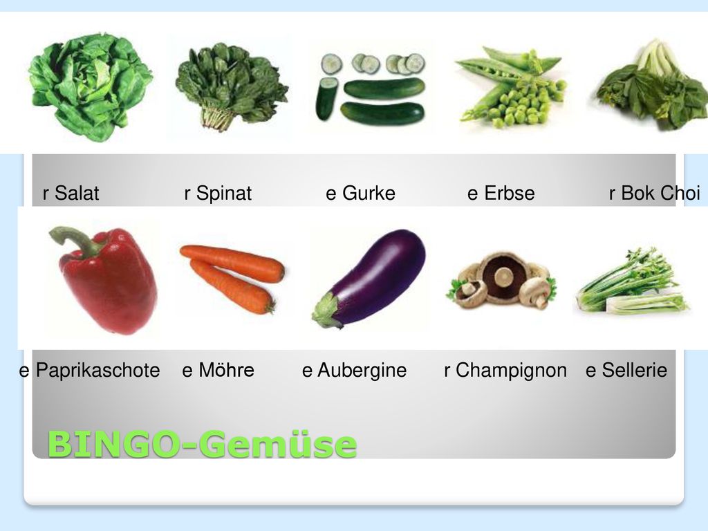 BINGO-Gemüse r Salat r Spinat e Gurke e Erbse r Bok Choi