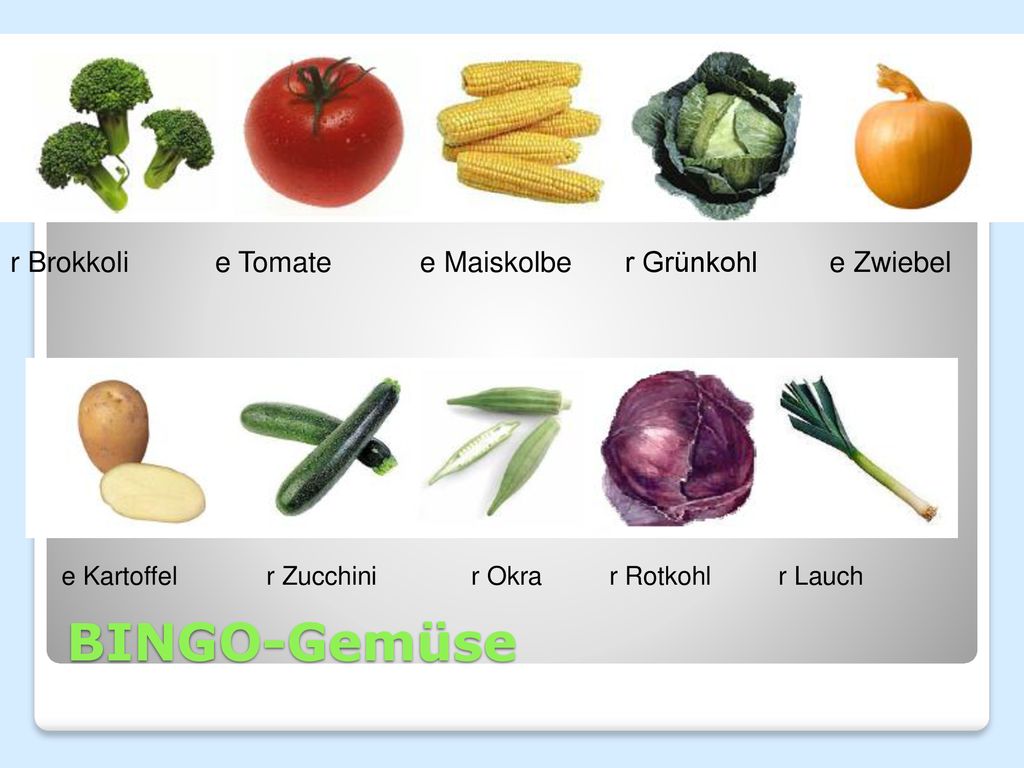 BINGO-Gemüse r Brokkoli e Tomate e Maiskolbe r Grünkohl e Zwiebel