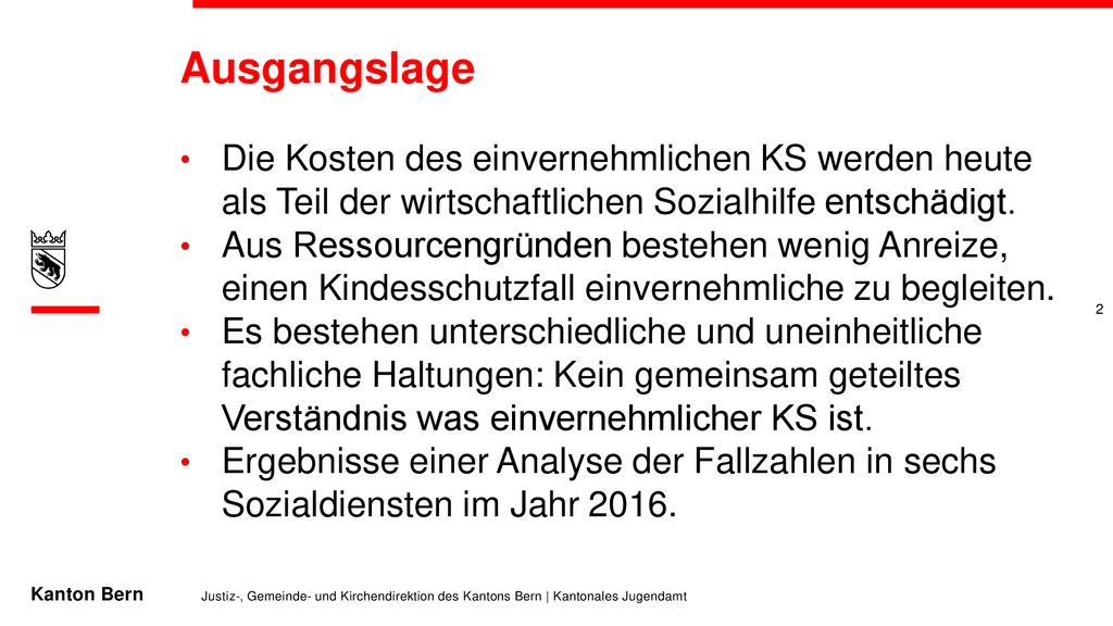 Ausgangslage Die Kosten des einvernehmlichen KS werden heute als Teil der wirtschaftlichen Sozialhilfe entschädigt.