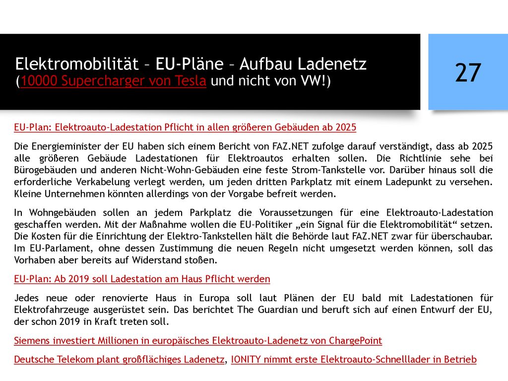 Elektromobilität – EU-Pläne – Aufbau Ladenetz (10000 Supercharger von Tesla und nicht von VW!)