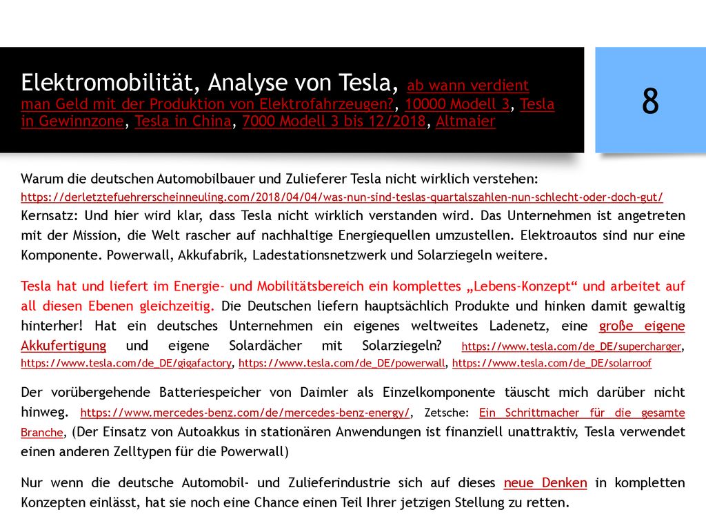 Elektromobilität, Analyse von Tesla, ab wann verdient man Geld mit der Produktion von Elektrofahrzeugen , Modell 3, Tesla in Gewinnzone, Tesla in China, 7000 Modell 3 bis 12/2018, Altmaier