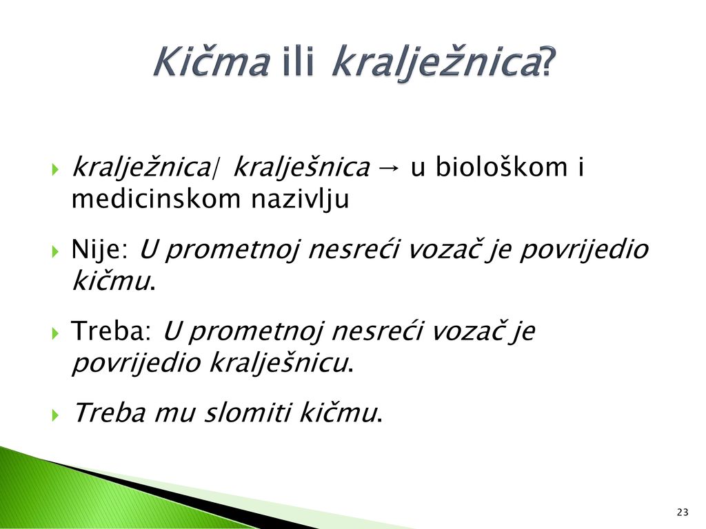 Kičma ili kralježnica kralježnica/ kralješnica → u biološkom i medicinskom nazivlju. Nije: U prometnoj nesreći vozač je povrijedio kičmu.