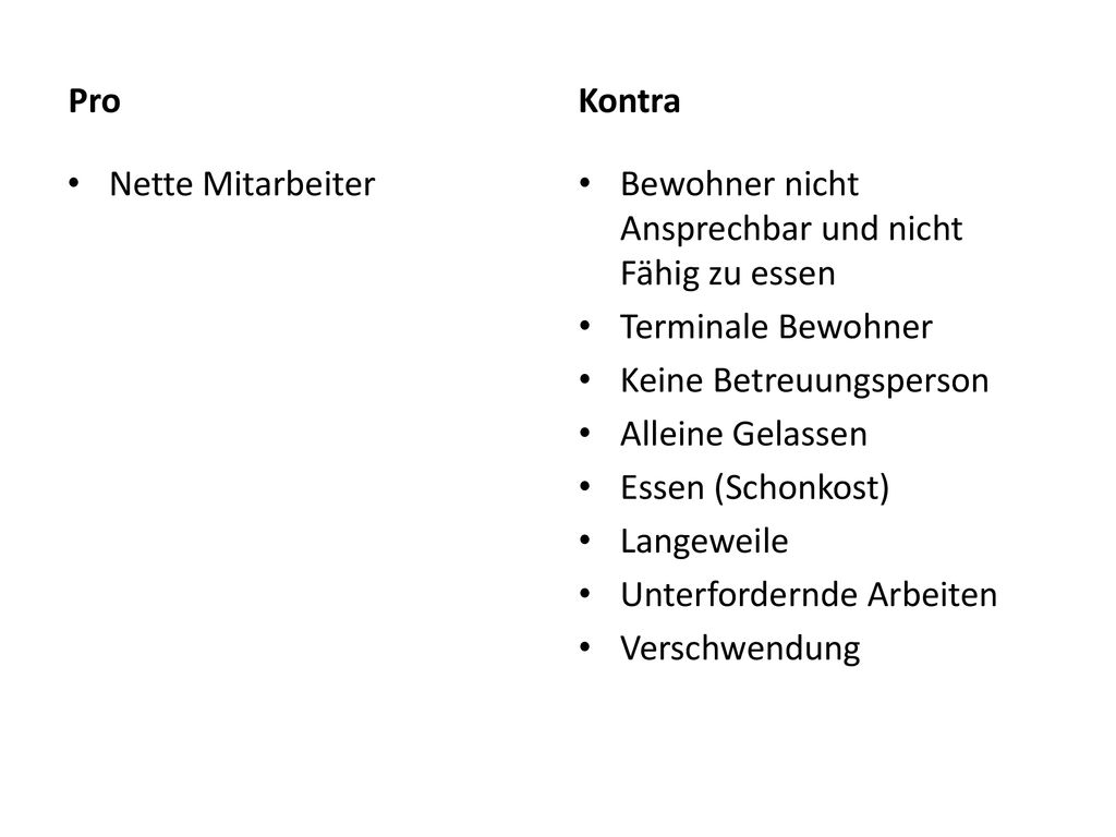 Pro Kontra. Nette Mitarbeiter. Bewohner nicht Ansprechbar und nicht Fähig zu essen. Terminale Bewohner.