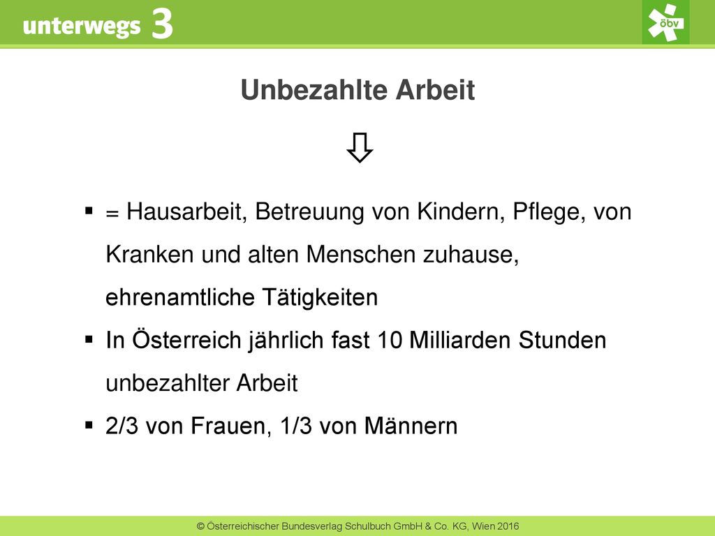 Unbezahlte Arbeit = Hausarbeit, Betreuung von Kindern, Pflege, von Kranken und alten Menschen zuhause, ehrenamtliche Tätigkeiten.