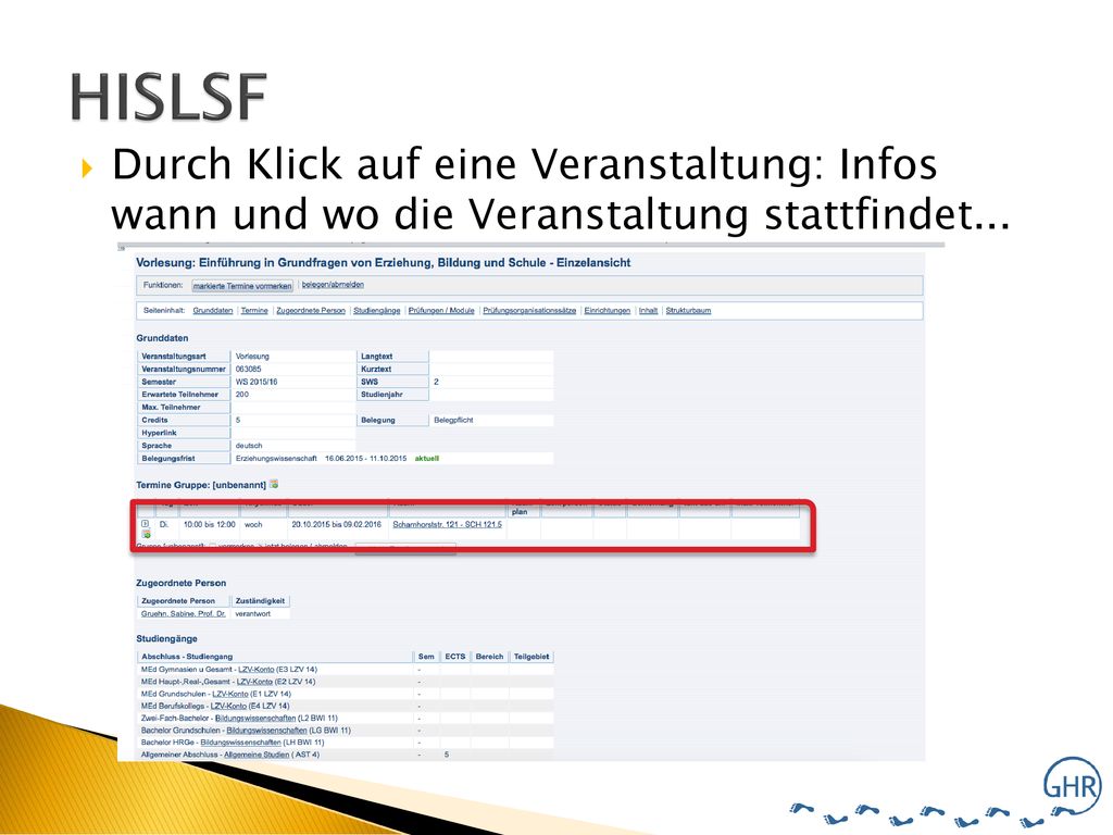 HISLSF Durch Klick auf eine Veranstaltung: Infos wann und wo die Veranstaltung stattfindet...