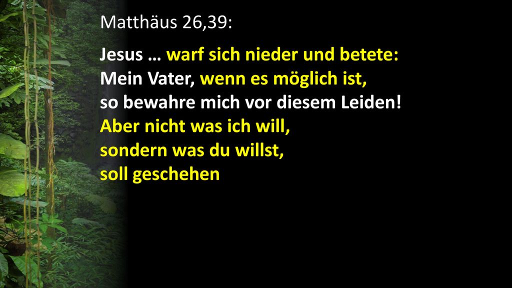 Matthäus 26,39: Jesus … warf sich nieder und betete: Mein Vater, wenn es möglich ist, so bewahre mich vor diesem Leiden!