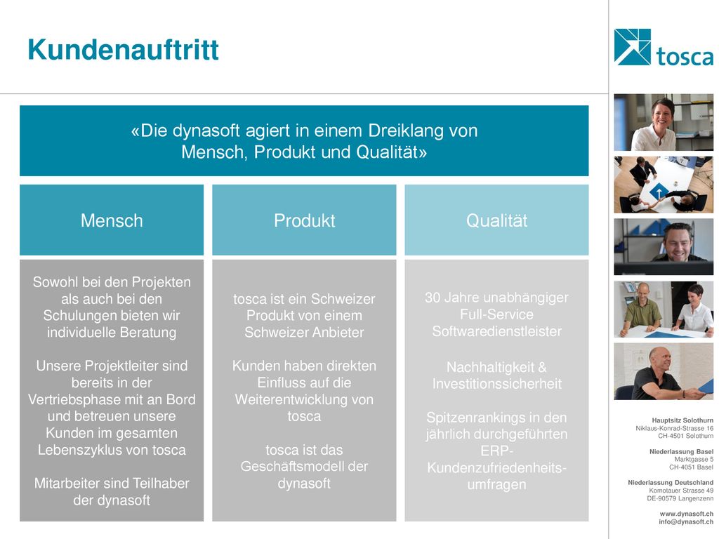 Kundenauftritt «Die dynasoft agiert in einem Dreiklang von Mensch, Produkt und Qualität» Mensch. Produkt.