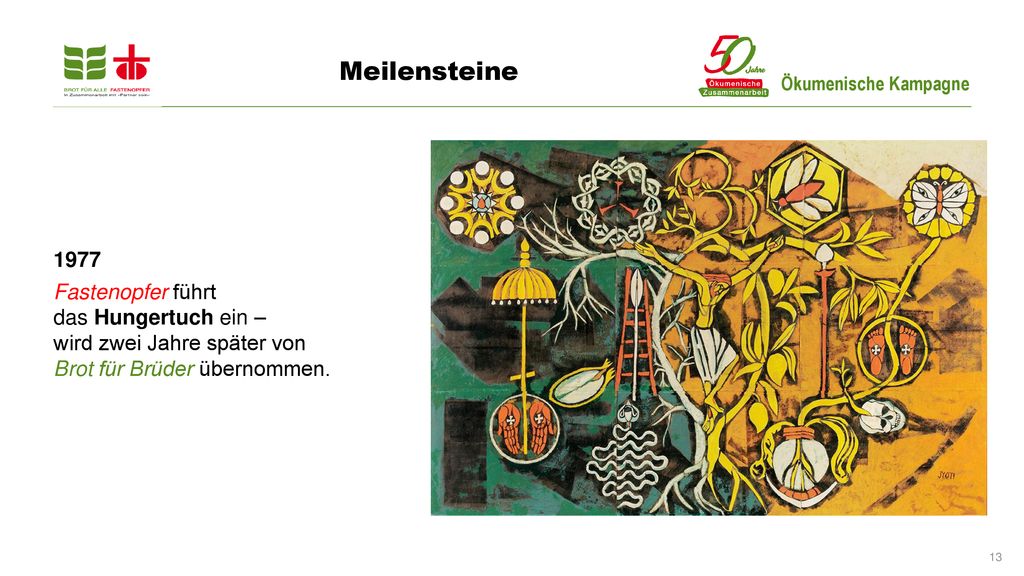 Meilensteine Fastenopfer führt das Hungertuch ein – wird zwei Jahre später von Brot für Brüder übernommen.