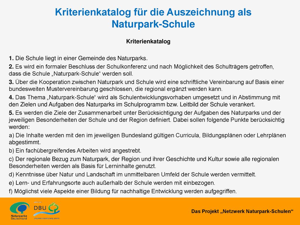 Kriterienkatalog für die Auszeichnung als Naturpark-Schule