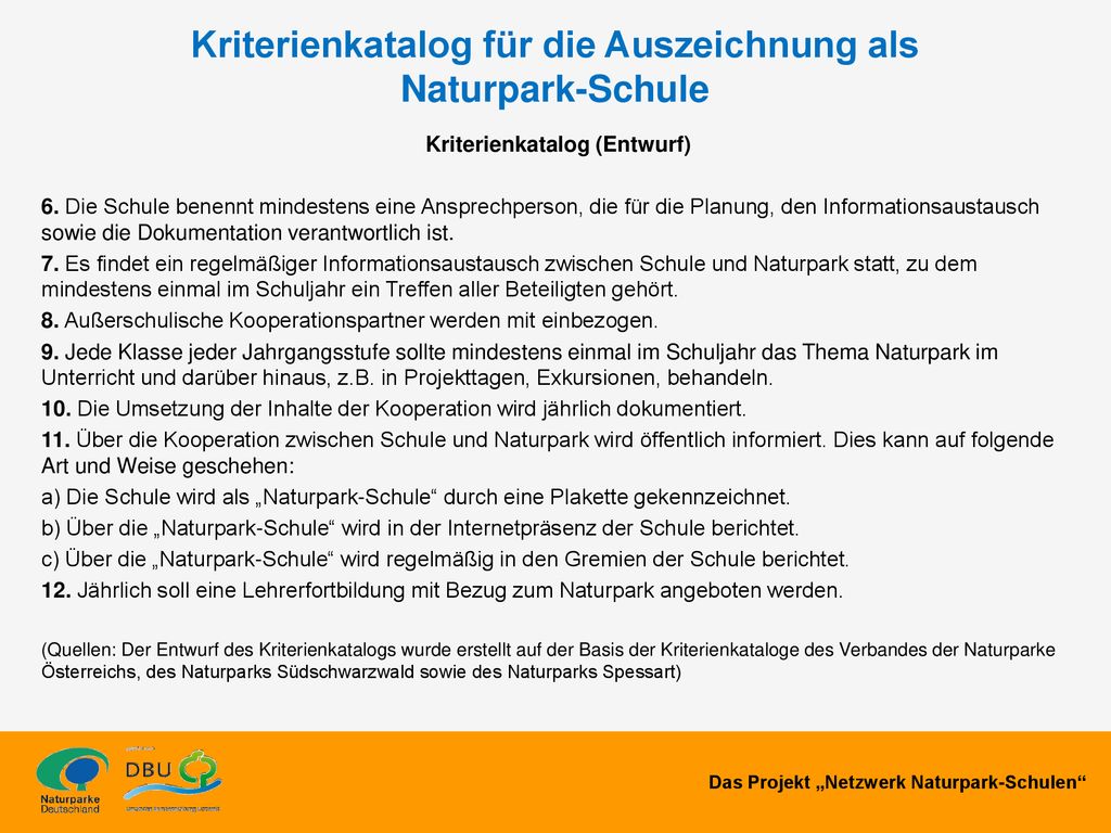 Kriterienkatalog für die Auszeichnung als Naturpark-Schule