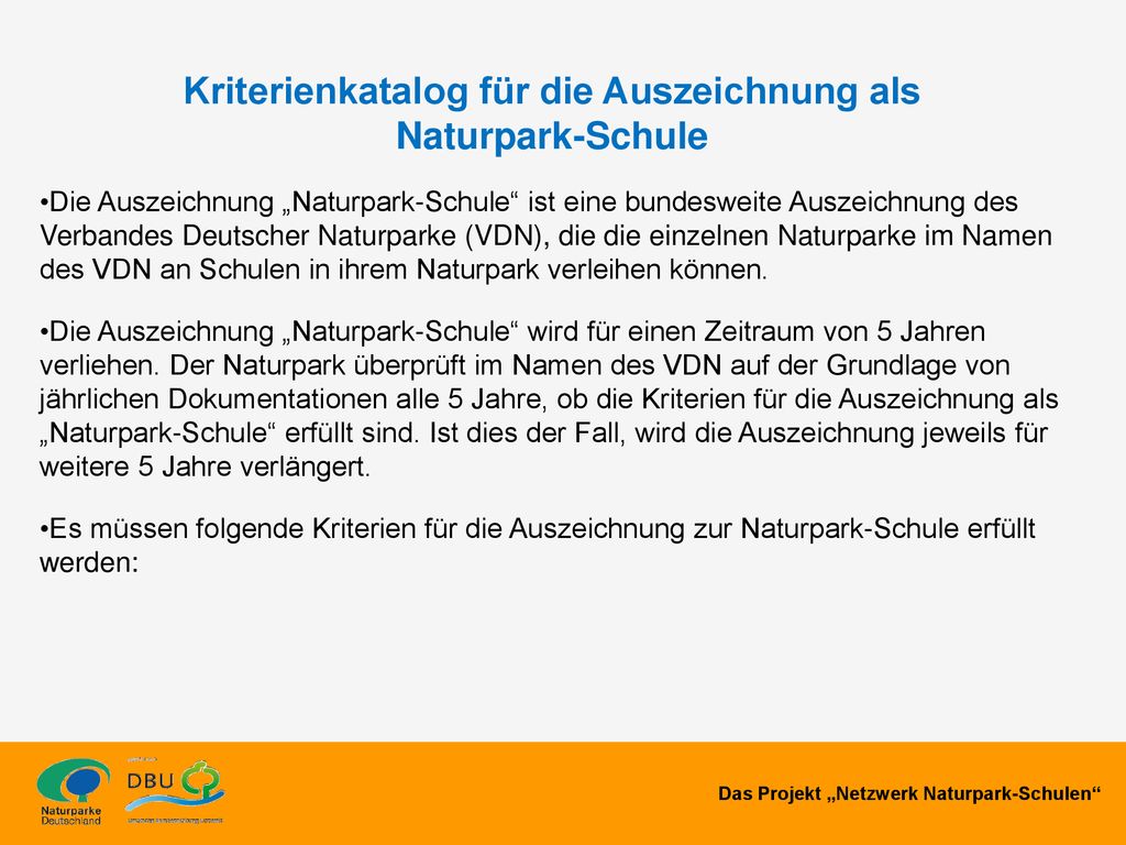 Kriterienkatalog für die Auszeichnung als Naturpark-Schule