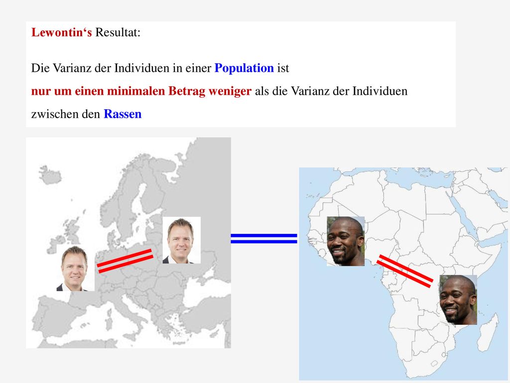 Lewontin‘s Resultat: Die Varianz der Individuen in einer Population ist. nur um einen minimalen Betrag weniger als die Varianz der Individuen.