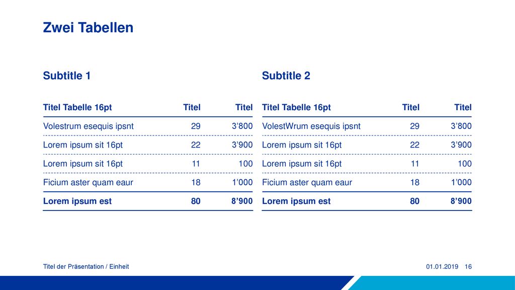 Zwei Tabellen Subtitle 1 Subtitle 2 Titel Tabelle 16pt Titel