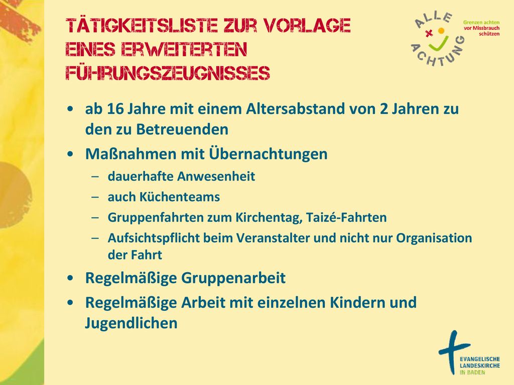 Tätigkeitsliste zur Vorlage eines erweiterten Führungszeugnisses