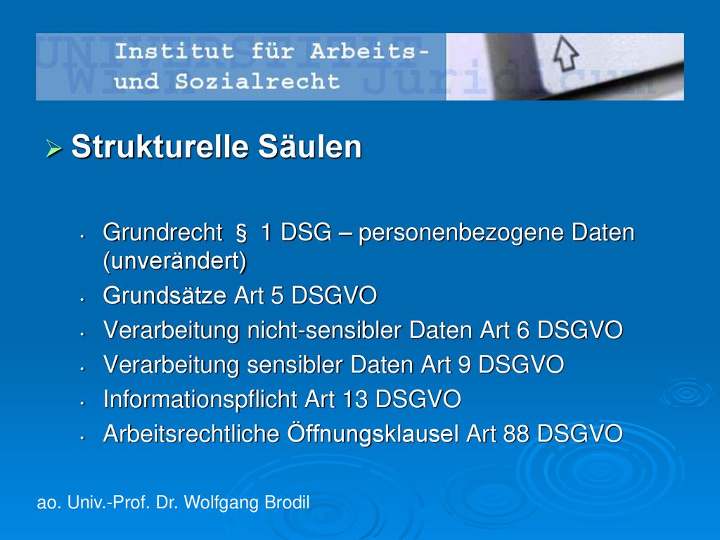 Strukturelle Säulen Grundrecht § 1 DSG – personenbezogene Daten (unverändert) Grundsätze Art 5 DSGVO.