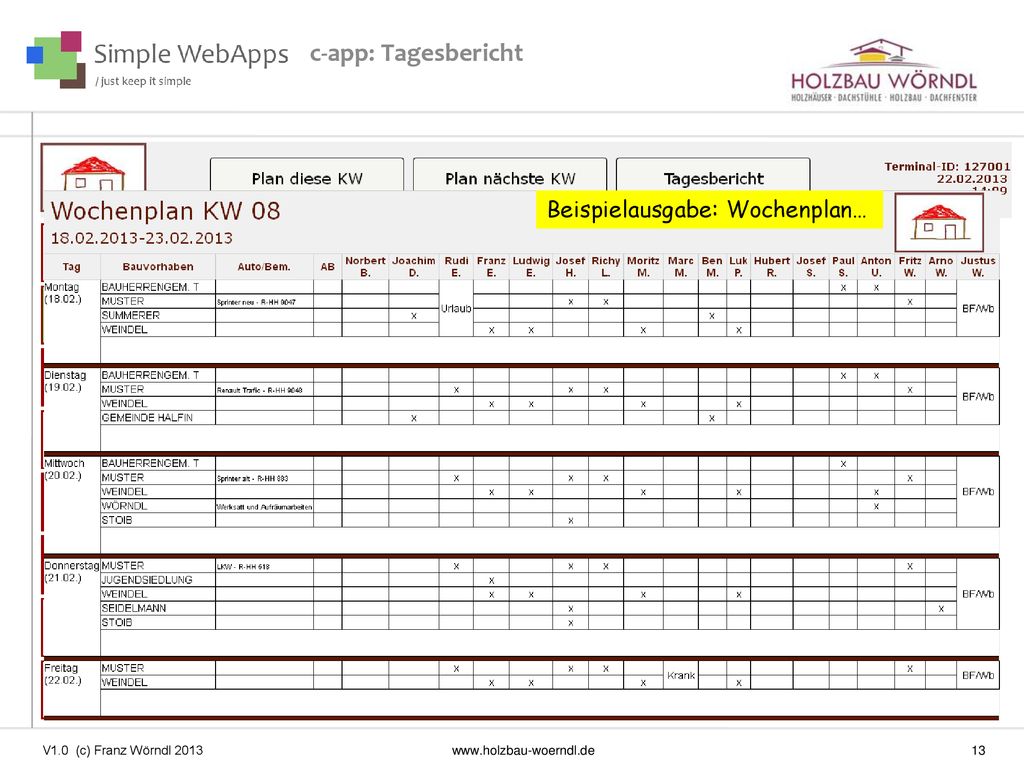 c-app: Tagesbericht Beispielausgabe: Wochenplan…