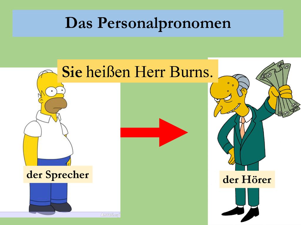 Das Personalpronomen Sie heißen Herr Burns. Sie der Sprecher der Hörer