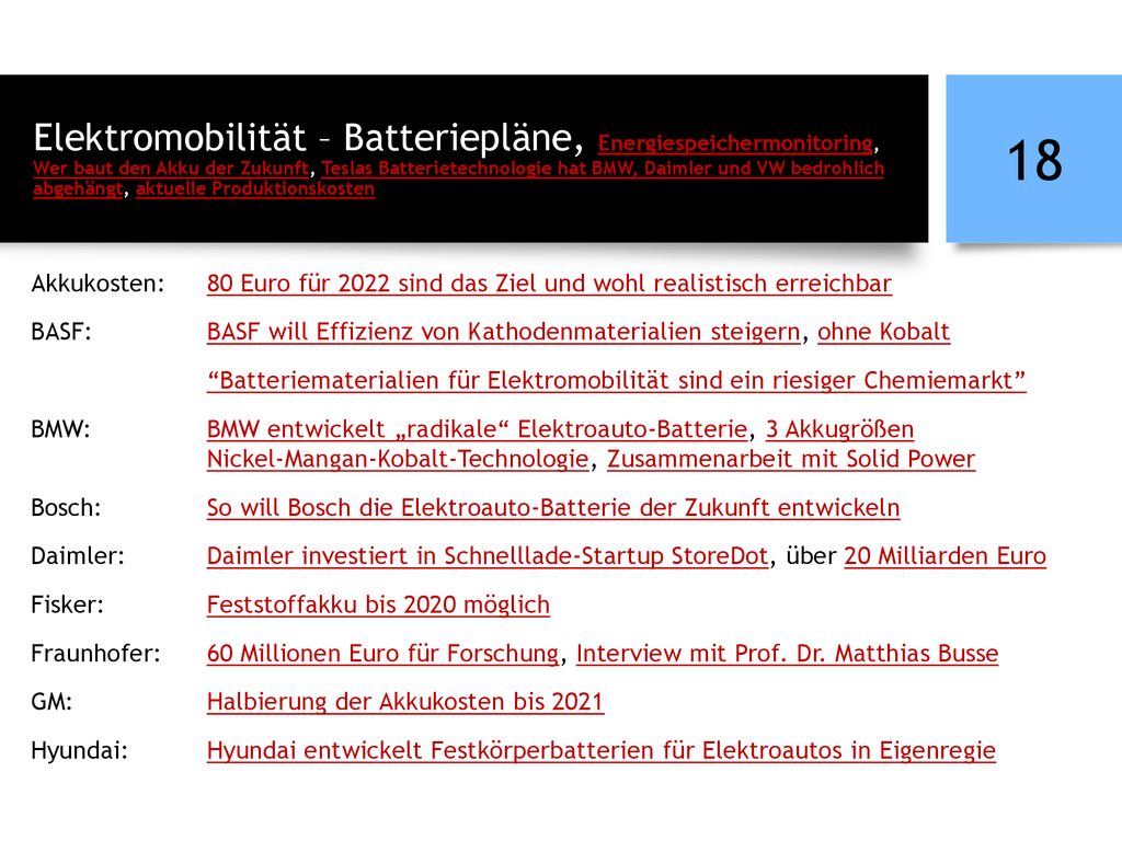 Elektromobilität – Batteriepläne, Energiespeichermonitoring, Wer baut den Akku der Zukunft, Teslas Batterietechnologie hat BMW, Daimler und VW bedrohlich abgehängt, aktuelle Produktionskosten