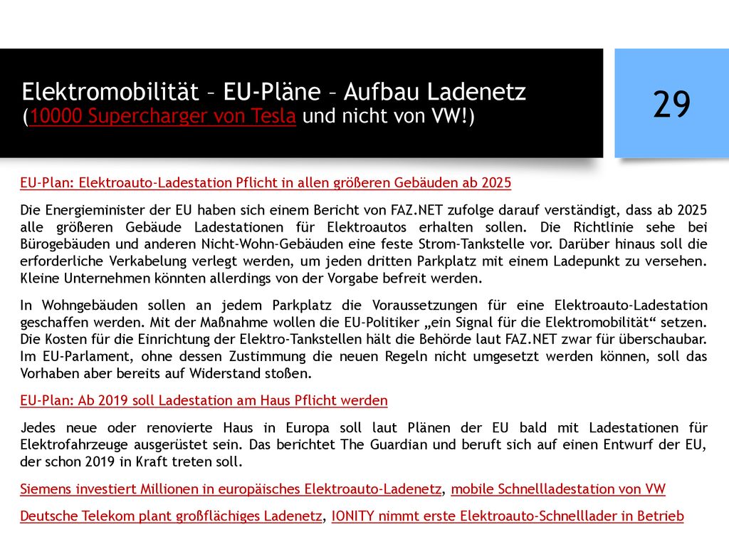 Elektromobilität – EU-Pläne – Aufbau Ladenetz (10000 Supercharger von Tesla und nicht von VW!)