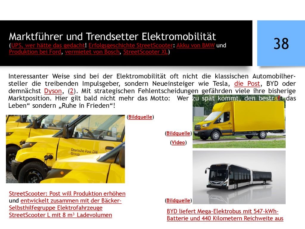 Marktführer und Trendsetter Elektromobilität (UPS, wer hätte das gedacht! Erfolgsgeschichte StreetScooter: Akku von BMW und Produktion bei Ford, vermietet von Bosch, StreetScooter XL)