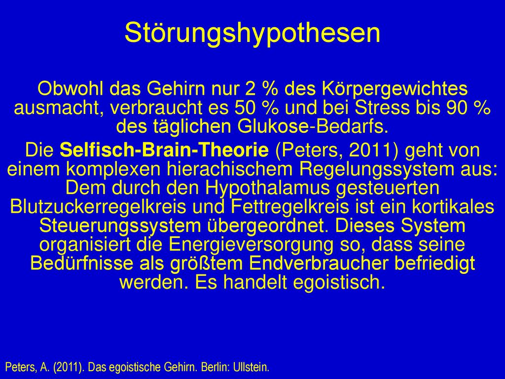 Störungshypothesen Obwohl das Gehirn nur 2 % des Körpergewichtes ausmacht, verbraucht es 50 % und bei Stress bis 90 % des täglichen Glukose-Bedarfs.