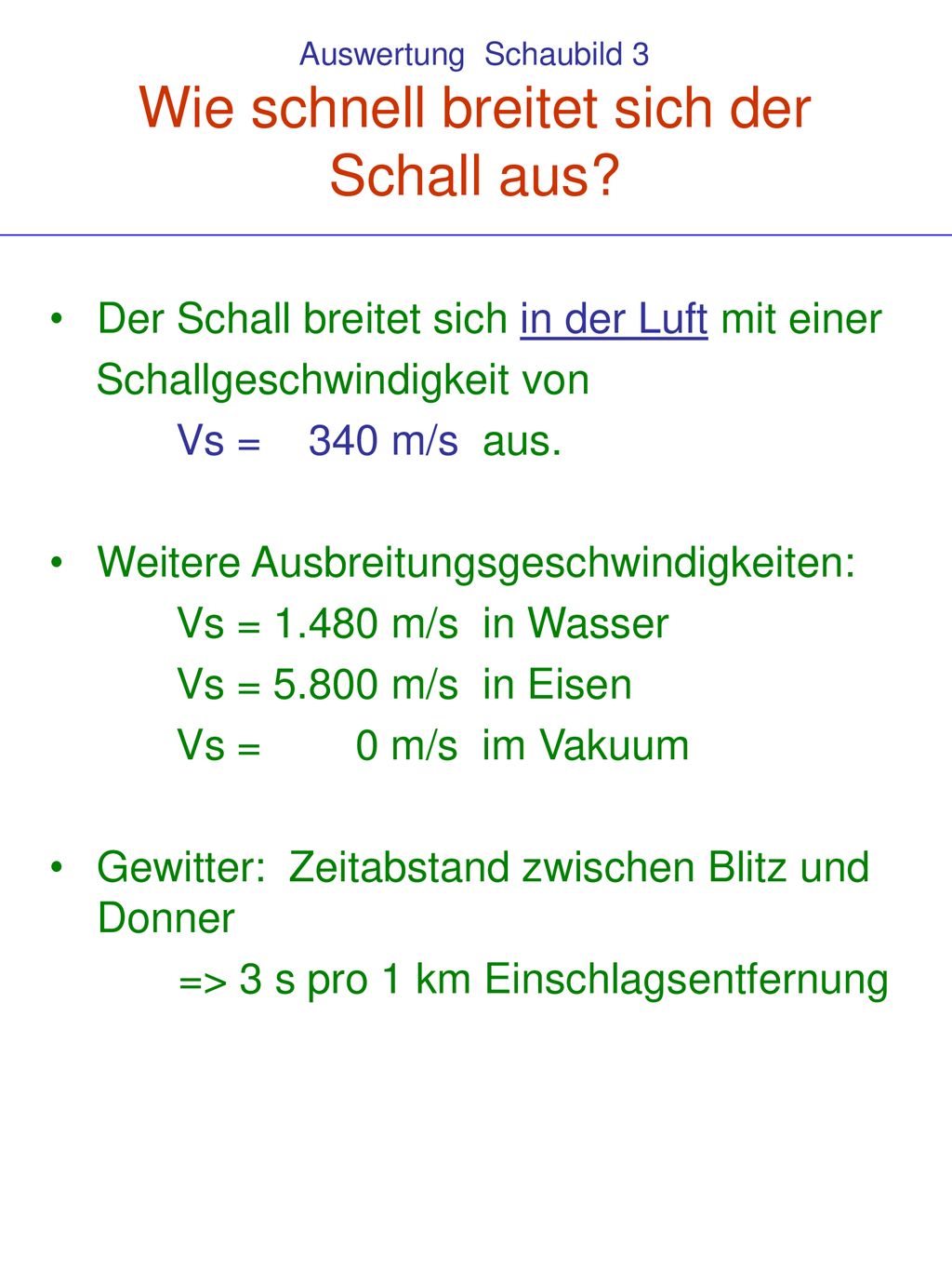 Auswertung Schaubild 3 Wie schnell breitet sich der Schall aus
