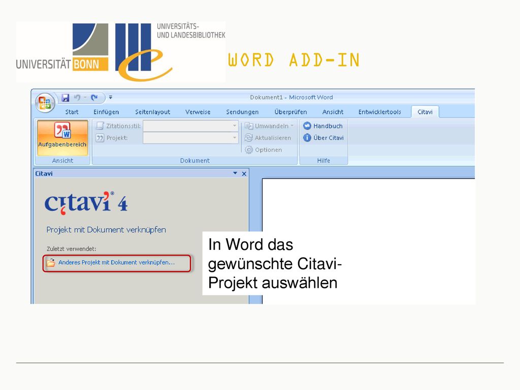 Word Add-In In Word das gewünschte Citavi-Projekt auswählen