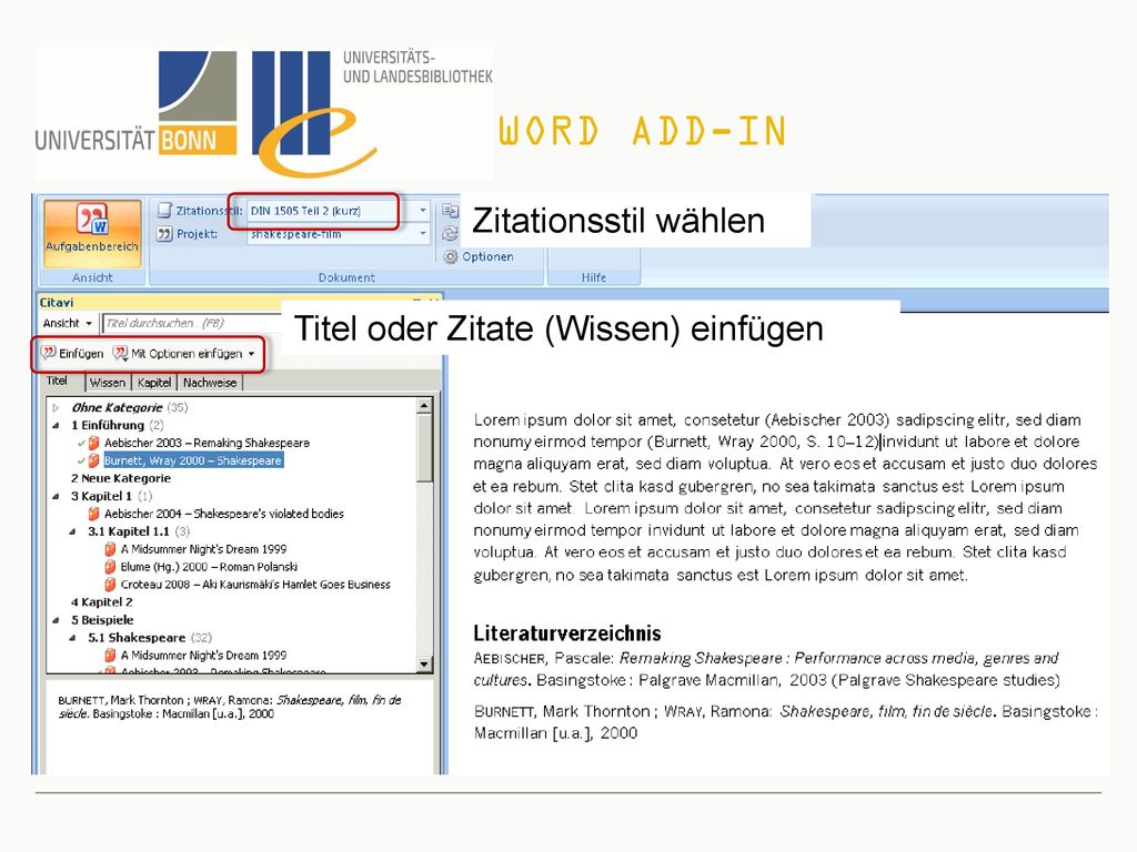 Word Add-In Zitationsstil wählen Titel oder Zitate (Wissen) einfügen