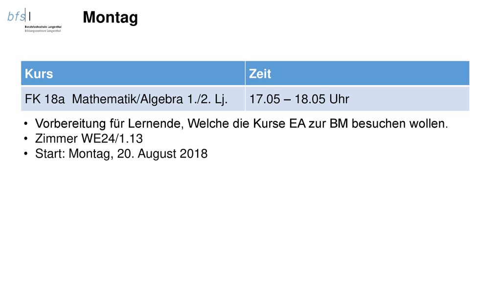 Montag Kurs Zeit FK 18a Mathematik/Algebra 1./2. Lj – Uhr