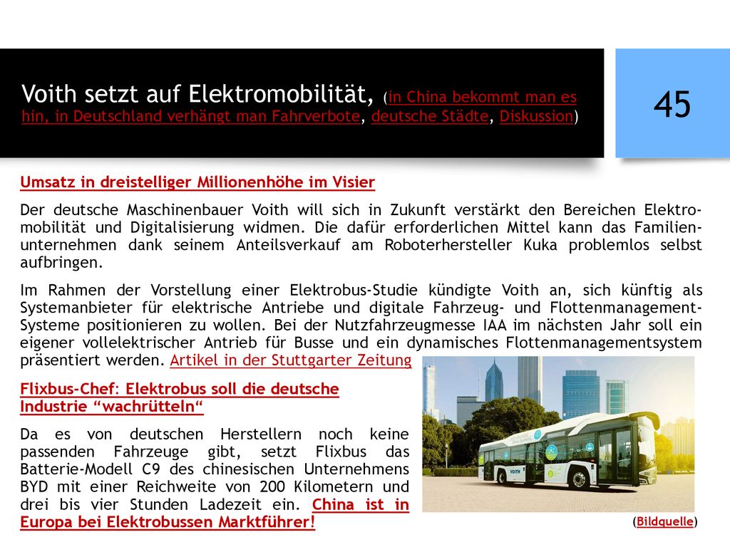 Voith setzt auf Elektromobilität, (in China bekommt man es hin, in Deutschland verhängt man Fahrverbote, deutsche Städte, Diskussion)