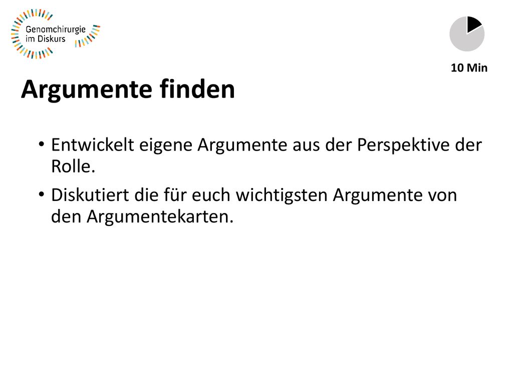 Argumente finden 10 Min. Entwickelt eigene Argumente aus der Perspektive der Rolle.