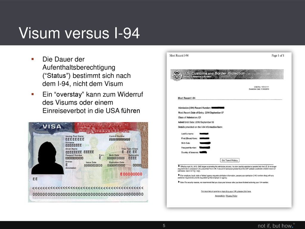 Visum versus I-94 Die Dauer der Aufenthaltsberechtigung ( Status ) bestimmt sich nach dem I-94, nicht dem Visum.