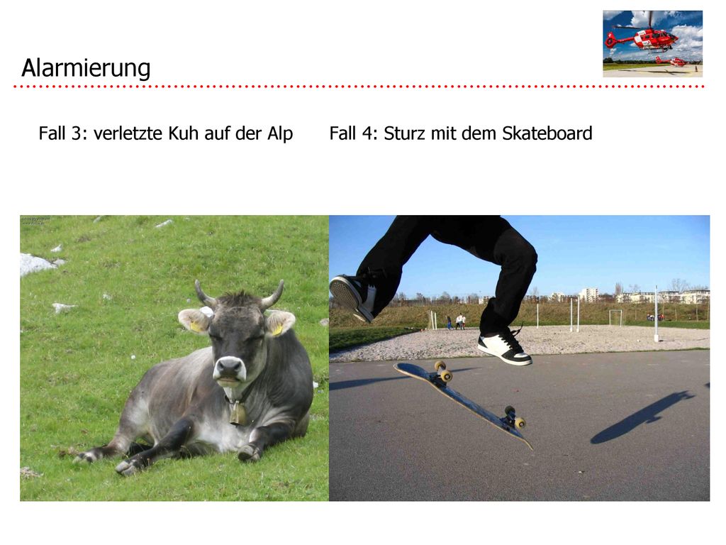 Alarmierung Fall 3: verletzte Kuh auf der Alp Fall 4: Sturz mit dem Skateboard