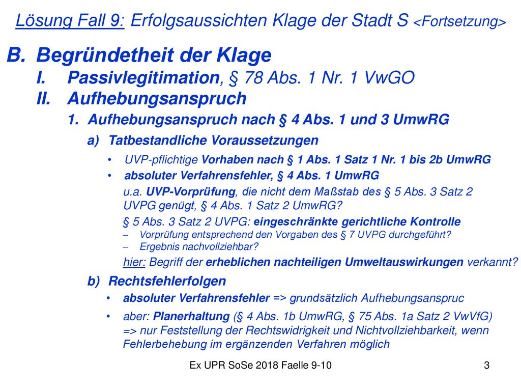 Lösung Fall 9: Erfolgsaussichten Klage der Stadt S <Fortsetzung>