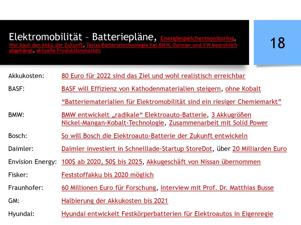 Elektromobilität – Batteriepläne, Energiespeichermonitoring, Wer baut den Akku der Zukunft, Teslas Batterietechnologie hat BMW, Daimler und VW bedrohlich abgehängt, aktuelle Produktionskosten