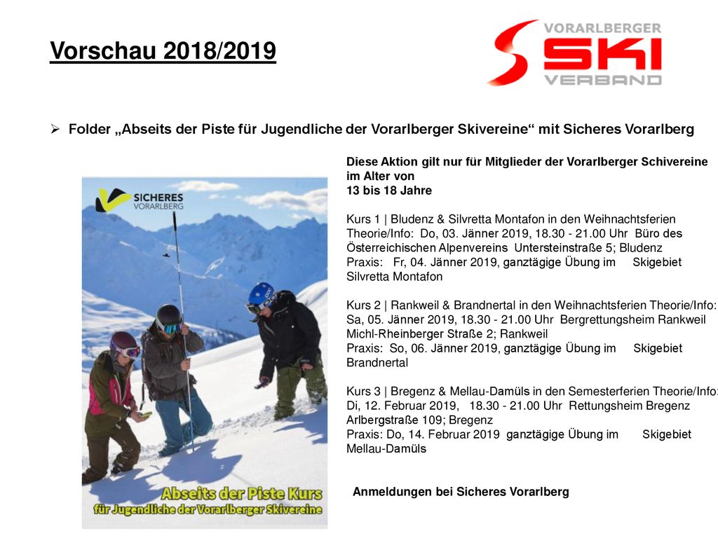 Vorschau 2018/2019 Folder „Abseits der Piste für Jugendliche der Vorarlberger Skivereine mit Sicheres Vorarlberg.