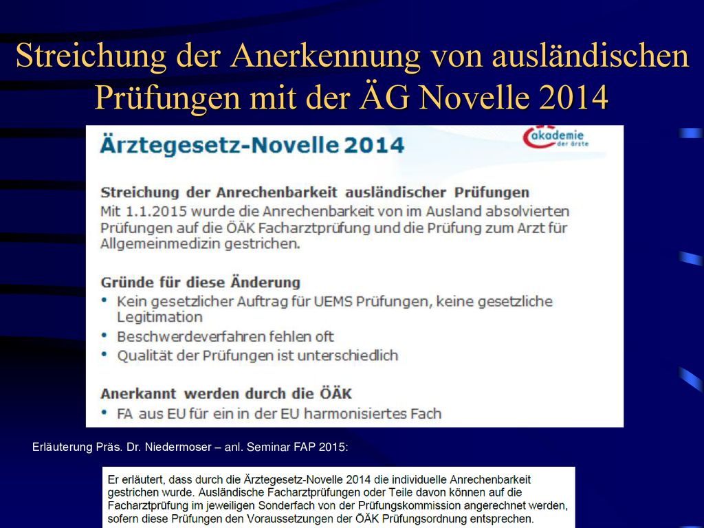 Streichung der Anerkennung von ausländischen Prüfungen mit der ÄG Novelle 2014