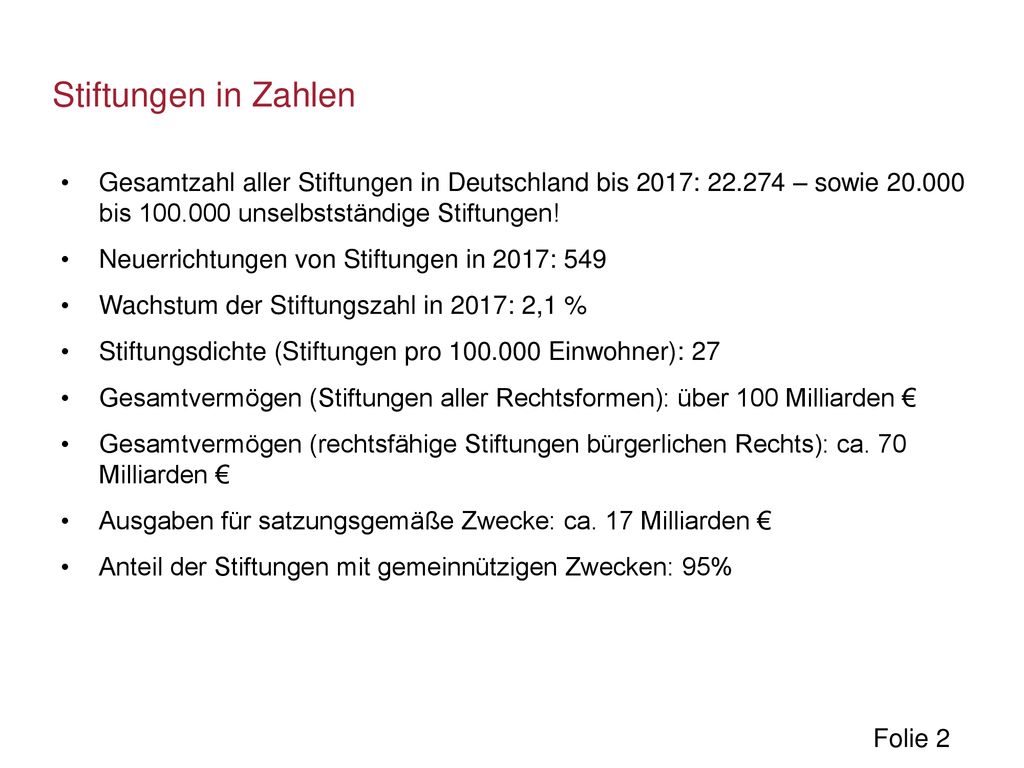 Stiftungen in Zahlen Gesamtzahl aller Stiftungen in Deutschland bis 2017: – sowie bis unselbstständige Stiftungen!