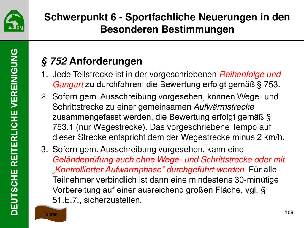 Schwerpunkt 6 - Sportfachliche Neuerungen in den Besonderen Bestimmungen