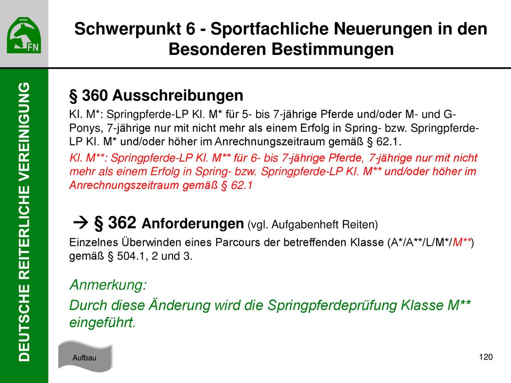 Schwerpunkt 6 - Sportfachliche Neuerungen in den Besonderen Bestimmungen
