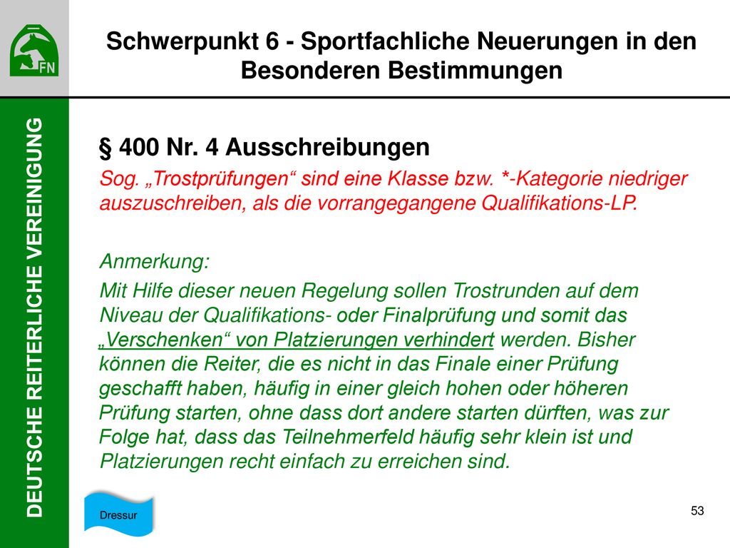 Schwerpunkt 6 - Sportfachliche Neuerungen in den Besonderen Bestimmungen