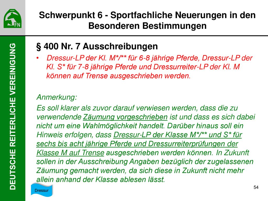 Schwerpunkt 6 - Sportfachliche Neuerungen in den Besonderen Bestimmungen