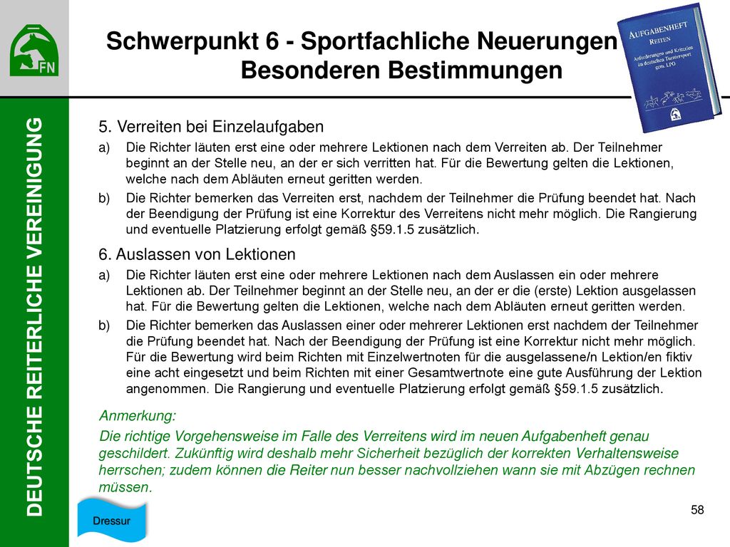 Schwerpunkt 6 - Sportfachliche Neuerungen in den Besonderen Bestimmungen