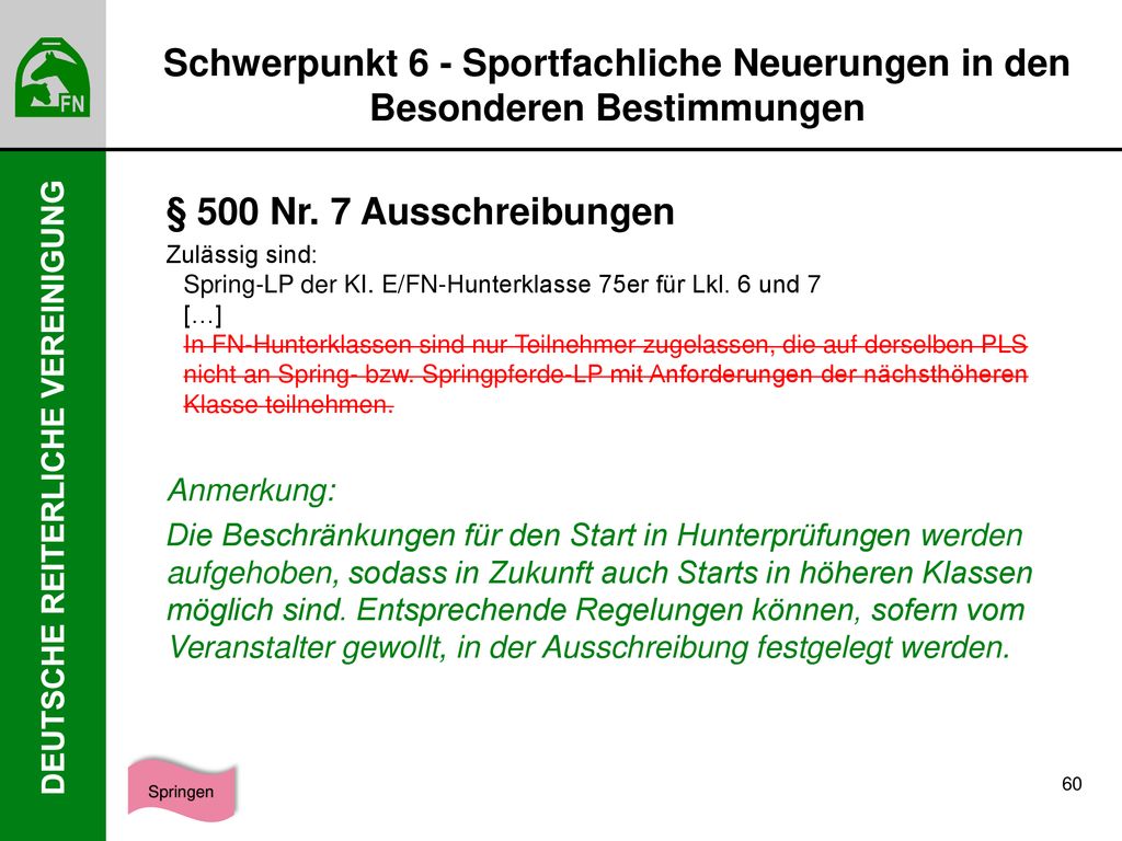 Schwerpunkt 6 - Sportfachliche Neuerungen in den Besonderen Bestimmungen