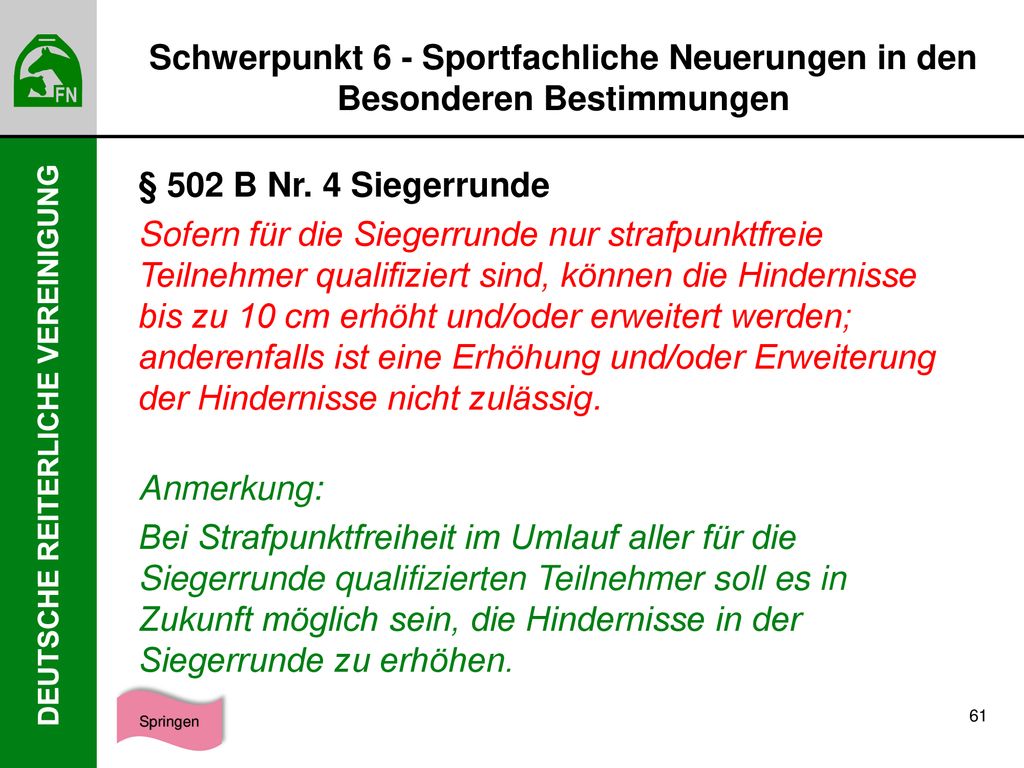 Schwerpunkt 6 - Sportfachliche Neuerungen in den Besonderen Bestimmungen