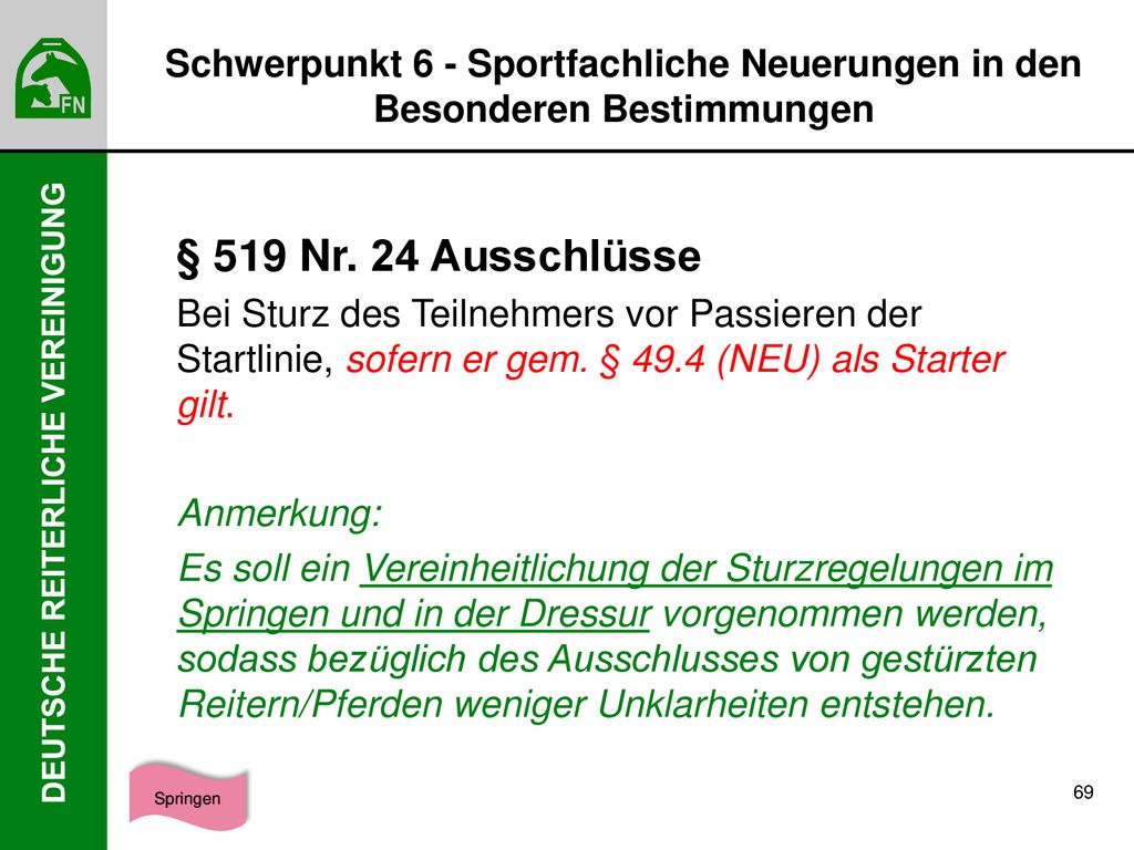Schwerpunkt 6 - Sportfachliche Neuerungen in den Besonderen Bestimmungen