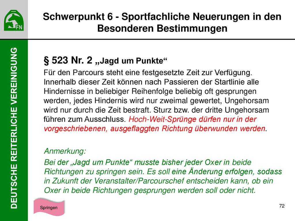 Schwerpunkt 6 - Sportfachliche Neuerungen in den Besonderen Bestimmungen