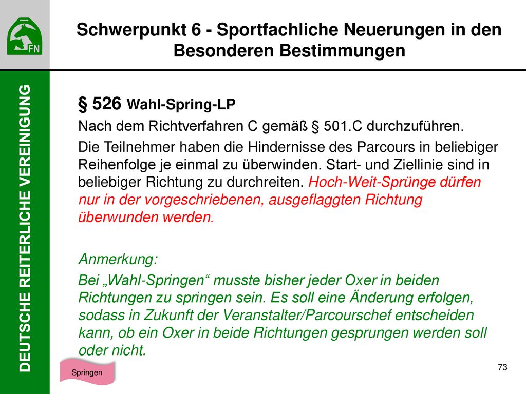 Schwerpunkt 6 - Sportfachliche Neuerungen in den Besonderen Bestimmungen