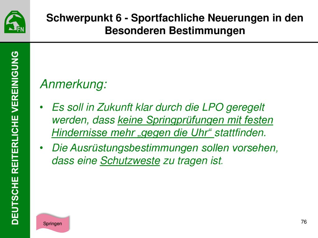Schwerpunkt 6 - Sportfachliche Neuerungen in den Besonderen Bestimmungen