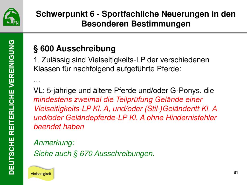 Schwerpunkt 6 - Sportfachliche Neuerungen in den Besonderen Bestimmungen
